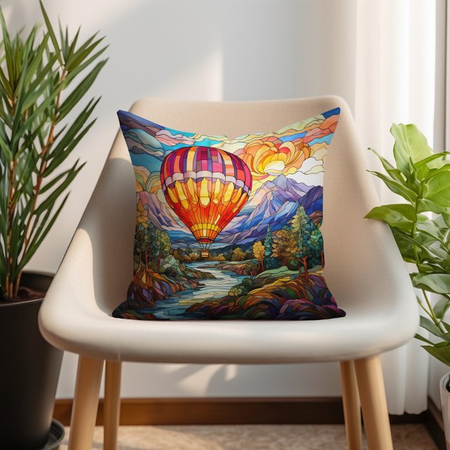 Hot Air Balloon Mountains Stained Glass Cushion (Hot air balloon decorator pillow)