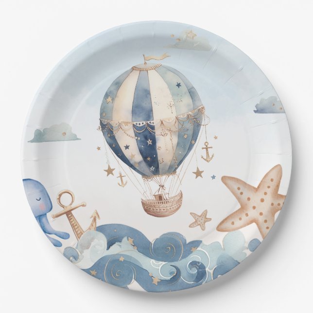 Hot Air Balloon Nautical Boy Baby Shower Paper Plate (Front)