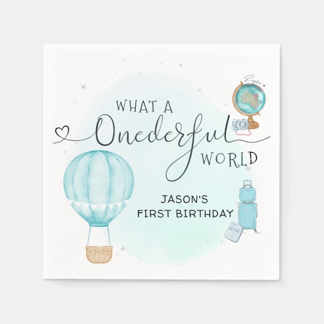 Hot Air Balloon ONEderful World 1st First Birthday Napkin (Front)