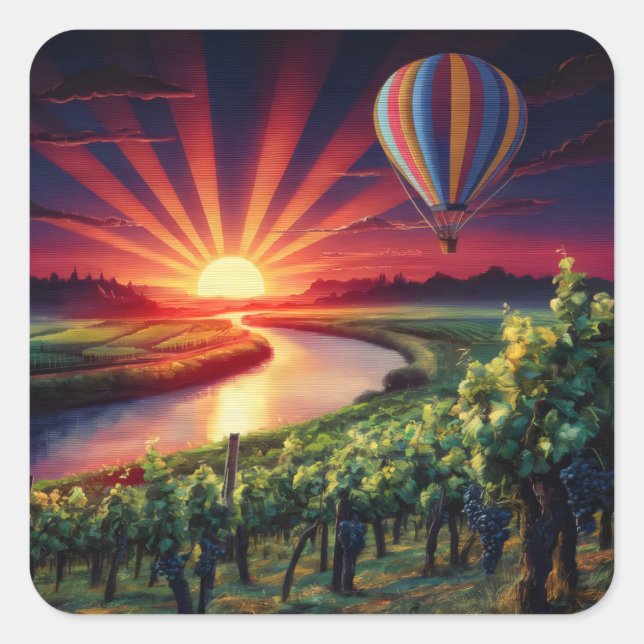 Hot Air balloon over river and vineyard Square Sticker (Front)