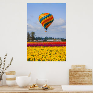 Hot air balloon over Tulips field in Portland Poster