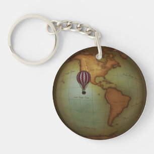 Hot Air Balloon Over Western Hemisphere Map Custom Key Ring