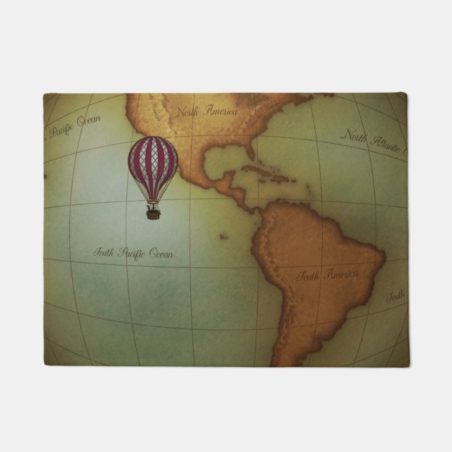 Hot Air Balloon Over Western Hemisphere Map Doormat (Front)