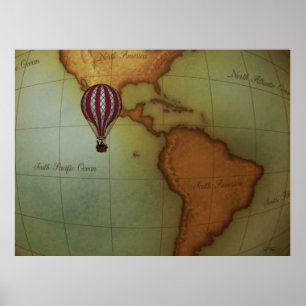 Hot Air Balloon Over Western Hemisphere Map Large Poster