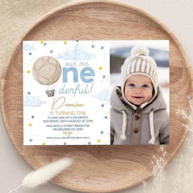 Hot Air Balloon Photo Mr Onederful 1st Birthday  Invitation (Our Mr Onederful 1st Birthday Invitation Boy Blue Hot Air Balloon Mr Onederful First Birthday party )