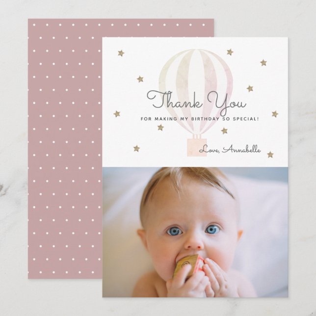 Hot Air Balloon Pink Birthday Photo Thank You Card (Front/Back)