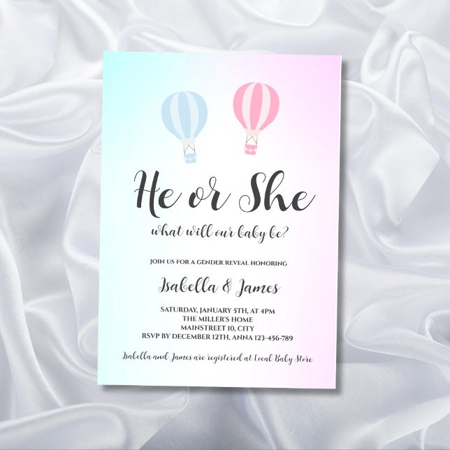 Hot Air Balloon Pink Blue Cute Gender Reveal Invitation (gender reveal invitation hot air balloon pink or blue he or she)