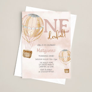 Hot Air Balloon Pink Boho 1st Birthday Invitation