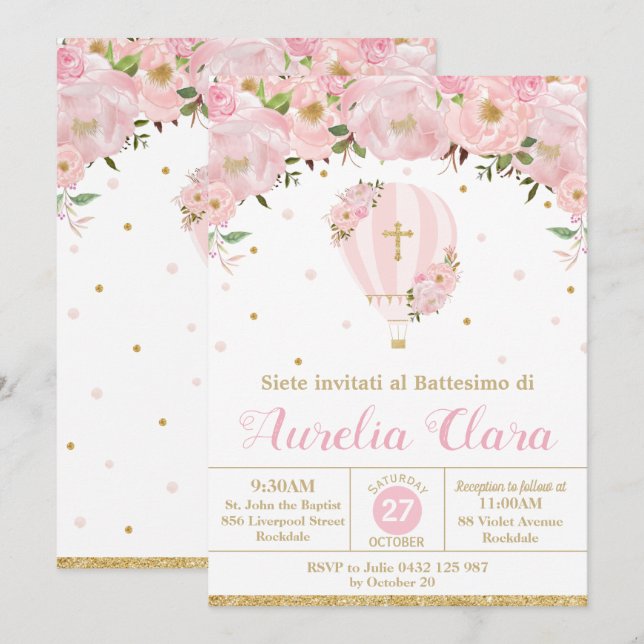 Hot Air Balloon Pink Floral Baptism Christening In Invitation (Front/Back)