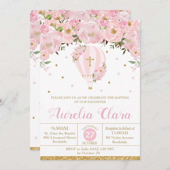 Hot Air Balloon Pink Floral Baptism Christening Invitation (Front/Back)