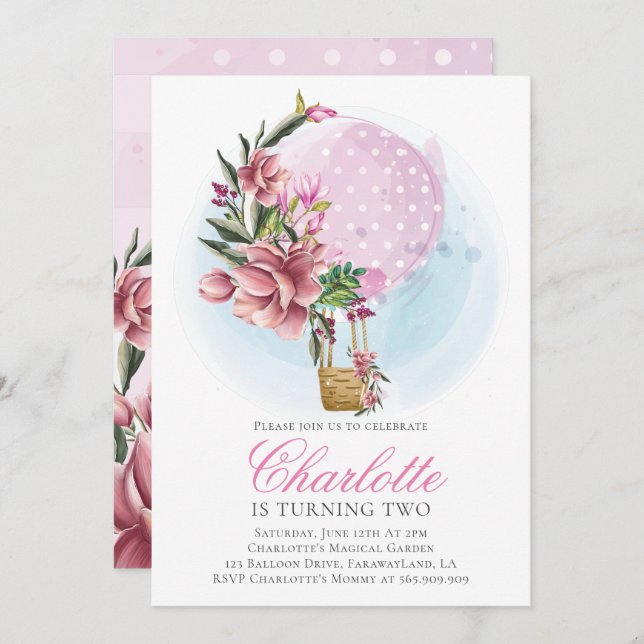Hot Air Balloon Pink Floral Birthday Invitation (Front/Back)