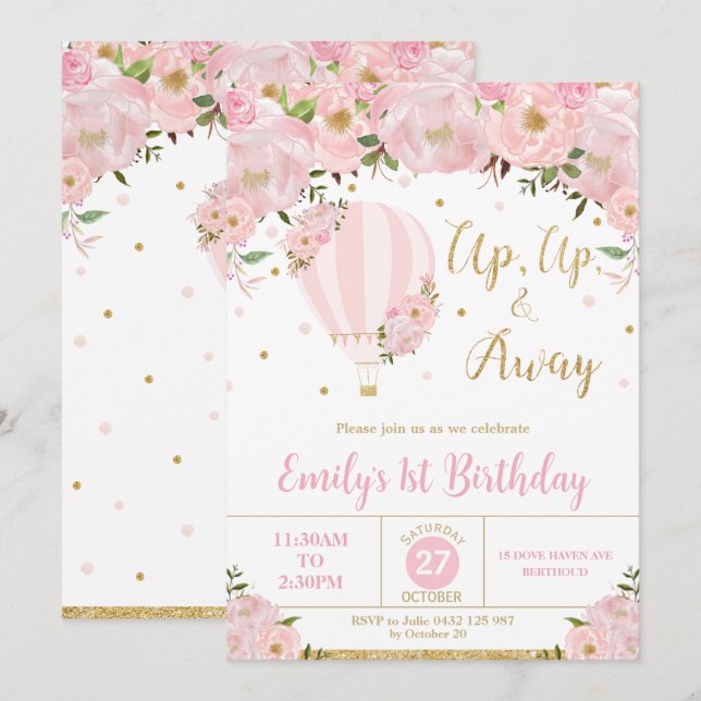 Hot Air Balloon Pink Floral Flowers 1st Birthday Invitation (Front/Back)
