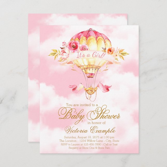Hot Air Balloon Pink Gold Baby Shower Invitations (Front/Back)