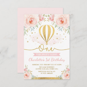 Hot Air Balloon Pink Gold Floral Girl 1st Birthday Invitation