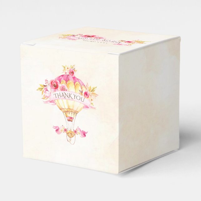 Hot Air Balloon Pink Gold Yellow Roses Favour Box (Front Side)