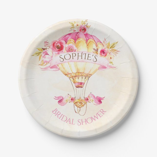 Hot Air Balloon Pink Gold Yellow Roses Paper Plate (Front)