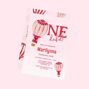 Hot Air Balloon Pink Red 1st Birthday Invitation