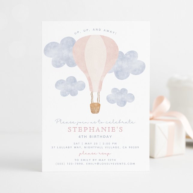 Hot Air Balloon Pink Watercolor Baby Girl Birthday Invitation (Creator Uploaded)