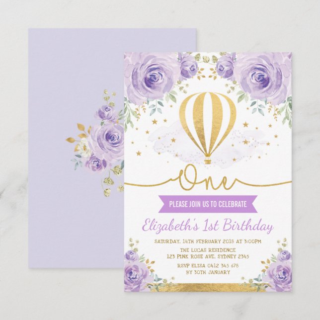 Hot Air Balloon Purple Gold Floral 1st Birthday Invitation (Front/Back)