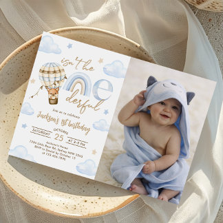 Hot Air Balloon Rainbow Boy 1st Birthday Photo Invitation
