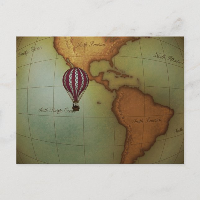 Hot Air Balloon Ride Over Western Hemisphere Map Postcard (Front)