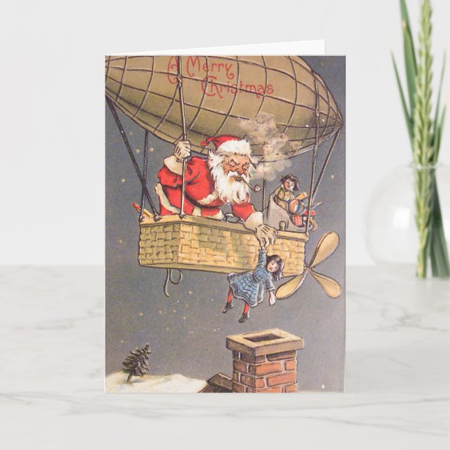 Hot Air Balloon Santa Claus Vintage Greeting Card (Front)