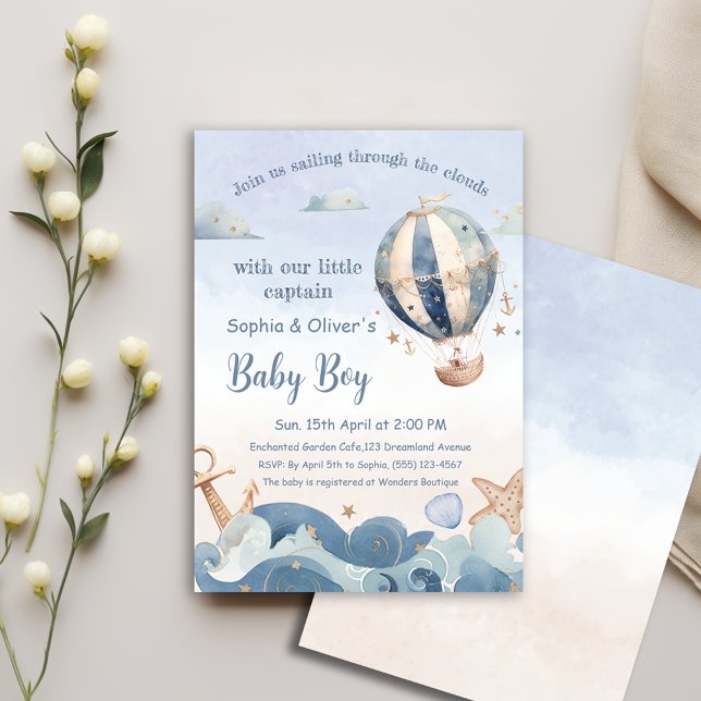 Hot Air Balloon Sea Waves Boy Baby Shower  Invitation (Creator Uploaded)