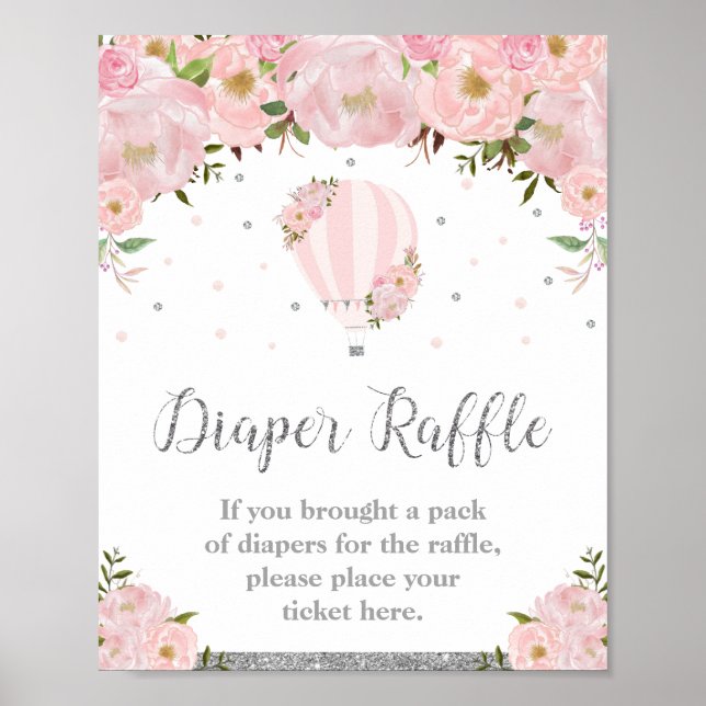 Hot Air Balloon Silver Pink Floral Diaper Raffle Poster (Front)
