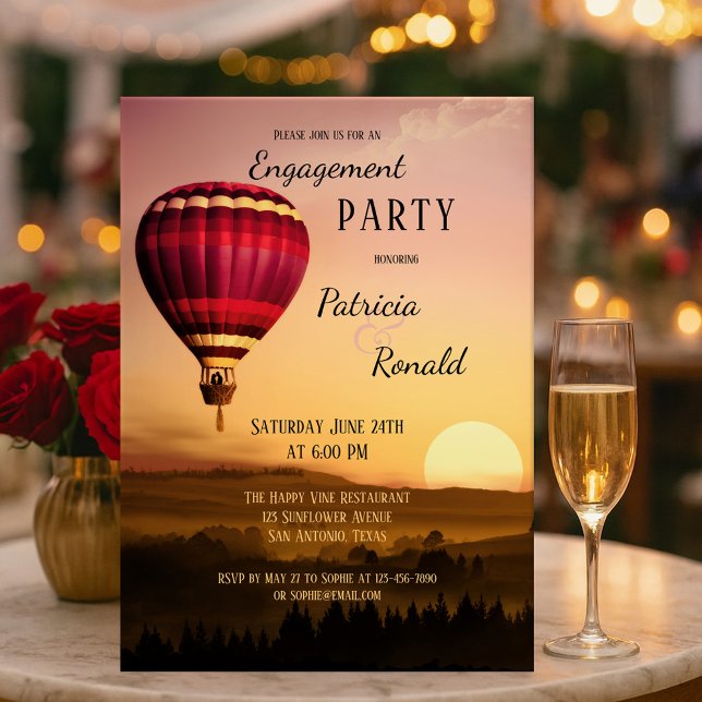 Hot Air Balloon Sunset Engagement Invitation (Romantic engagement party invitation featuring a hot air balloon over a dreamy landscape at sunset. )