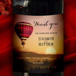 Hot Air Balloon Sunset Wedding Wine Label