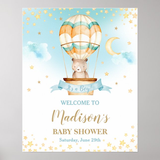 Hot Air Balloon Teddy Bear Baby Shower Boy Welcome Poster (Front)