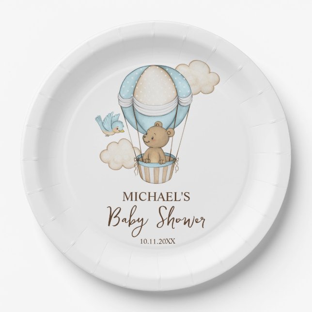 Hot Air Balloon Teddy Bear Cloud Bird Baby Shower Paper Plate (Front)