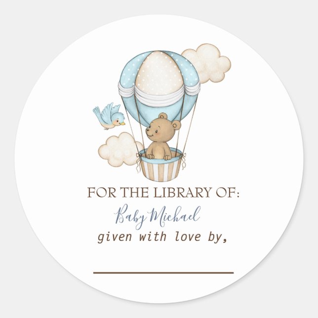 Hot Air Balloon Teddy Bear Clouds Bird Baby Shower Classic Round Sticker (Front)