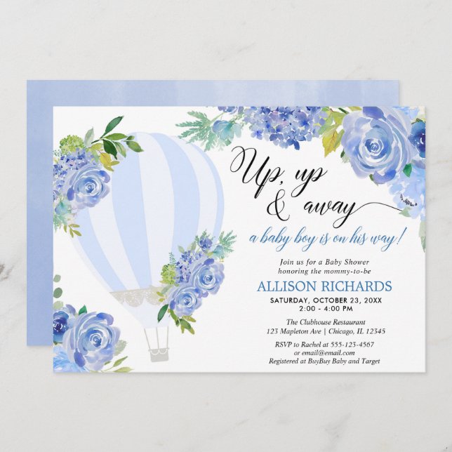 Hot air balloon up up and away boy baby shower invitation (Front/Back)