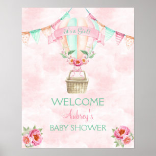 Hot Air Balloon Watercolor Pink Mint Peach Poster