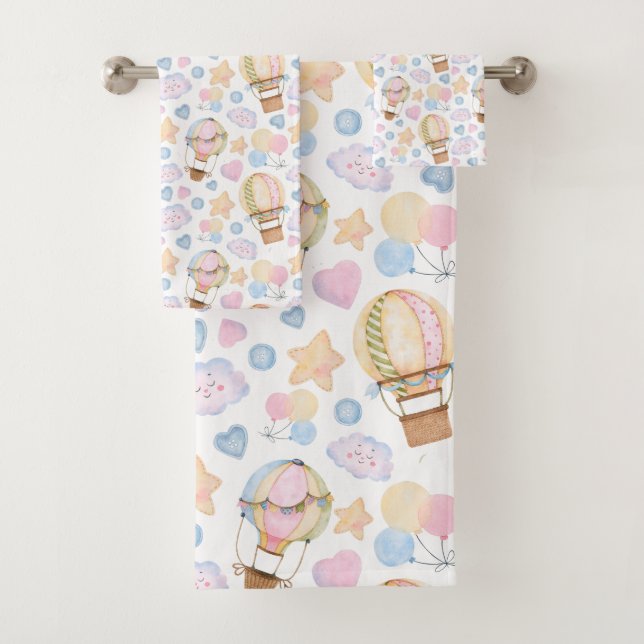 Hot Air Balloon Whimsical Watercolor Pattern Bath Towel Set (Insitu)