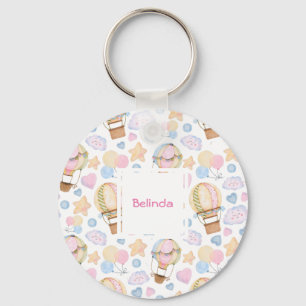 Hot Air Balloon Whimsical Watercolor Pattern Key Ring