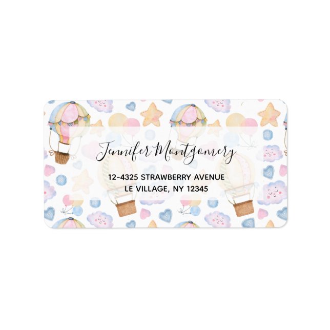 Hot Air Balloon Whimsical Watercolor Pattern Label (Front)