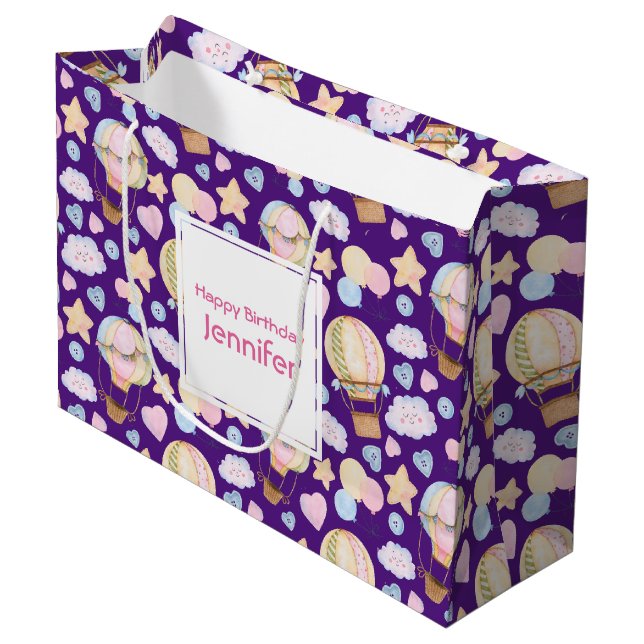 Hot Air Balloon Whimsical Watercolor Pattern Large Gift Bag (Front Angled)