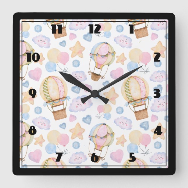 Hot Air Balloon Whimsical Watercolor Pattern Square Wall Clock (Front)