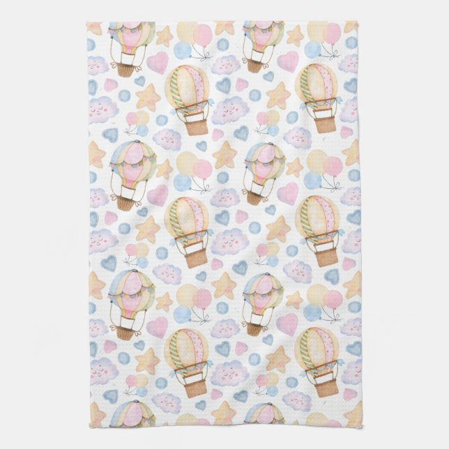 Hot Air Balloon Whimsical Watercolor Pattern Tea Towel (Vertical)
