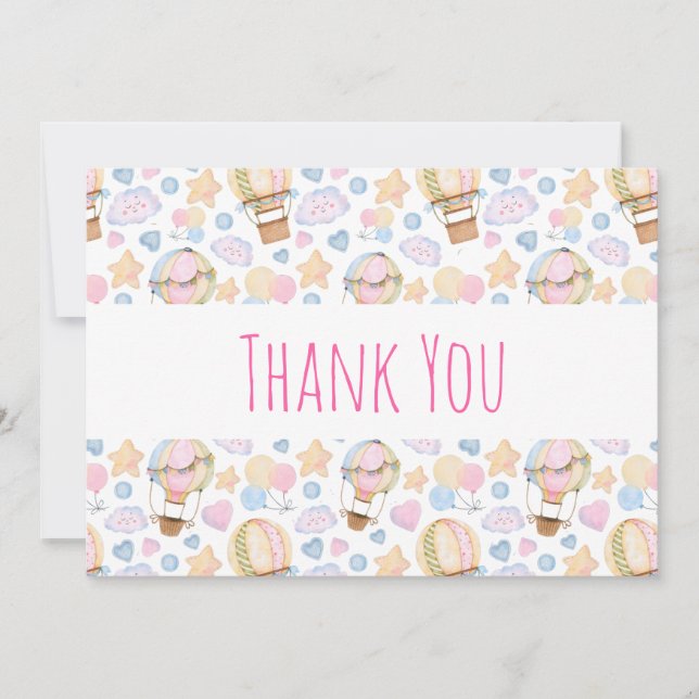 Hot Air Balloon Whimsical Watercolor Pattern Thank You Card (Front)