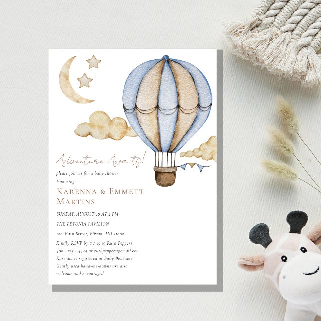 Hot Air Balloon White Adventure Awaits Baby Shower Invitation (Creator Uploaded)