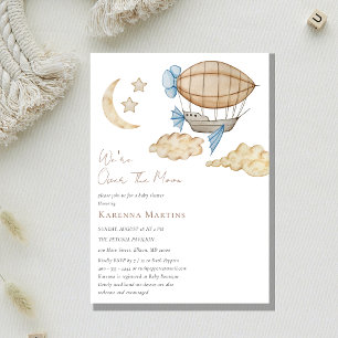 Hot Air Balloon White Over The Moon Baby Shower Invitation