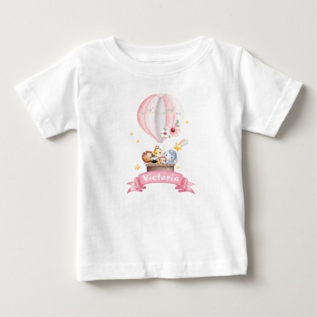 Hot Air Balloon with Animal Friends Personalise it Baby T-Shirt (Front)