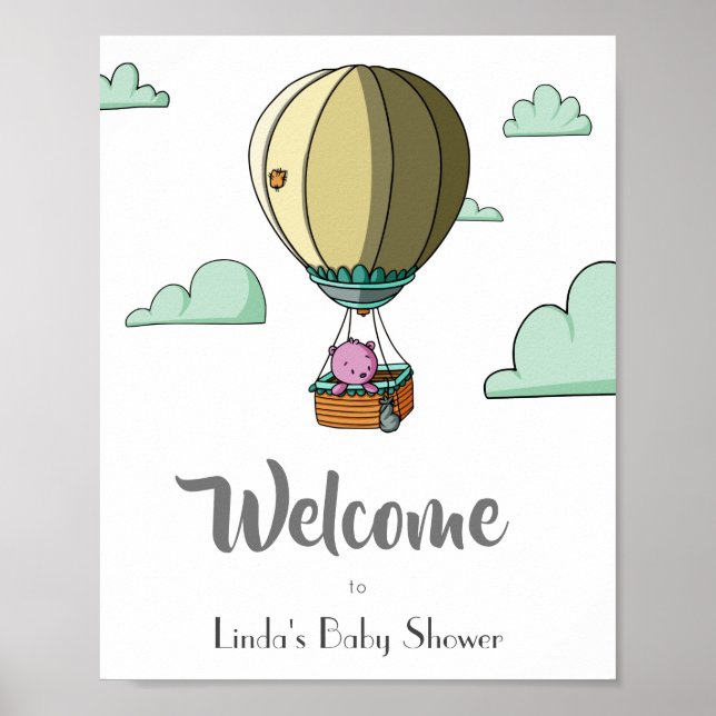 Hot Air Balloon with Bear Welcome Baby Shower Poster (Front)