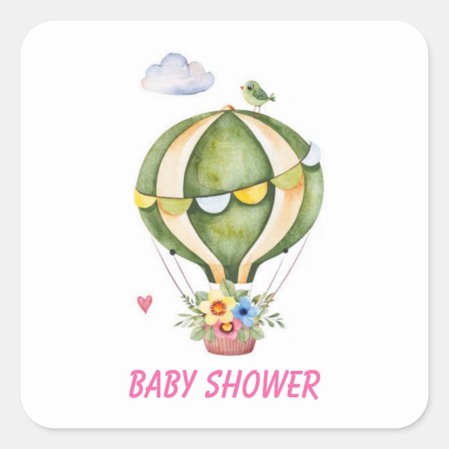 Hot Air Balloon with Florals Girl Baby Shower Square Sticker (Front)