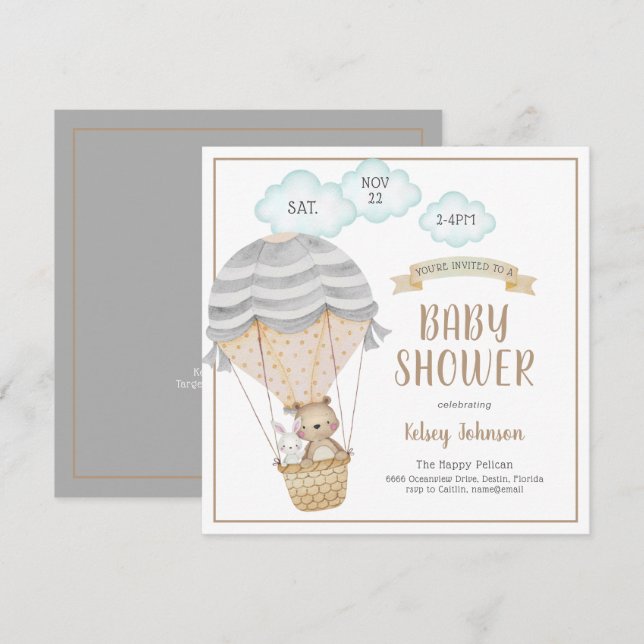 Hot Air Balloon Woodland Animals Fun Baby Shower I Invitation (Front/Back)