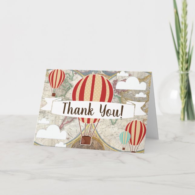 Hot Air Balloon & World Map Blank Thank You Card (Front)