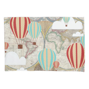 Hot Air Balloon & World Map Vintage Adventure Pillowcase